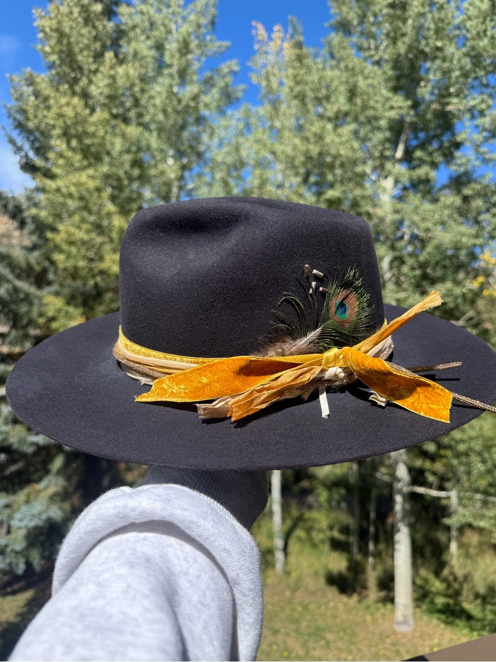 Black Wide-Brim Fedora Hat with Mustard Velvet Band and Peacock Feather Accent